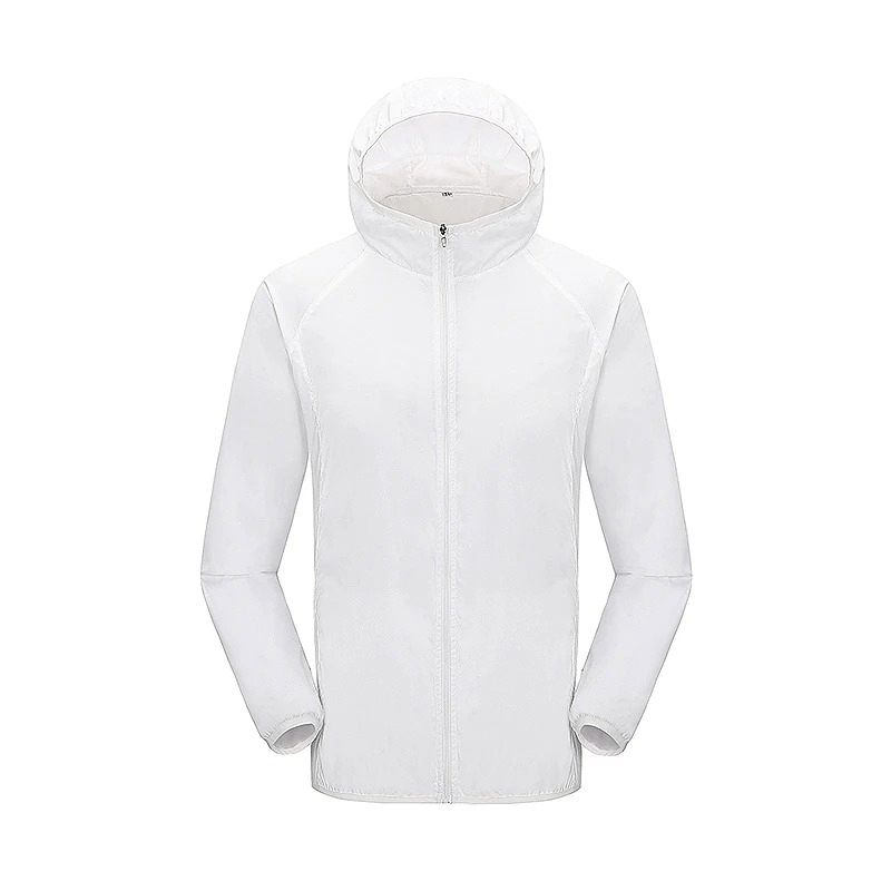 White waterproof hiking jacket SF2005, lightweight and breathable, perfect for outdoor adventures. Sun-protective and anti-static design.